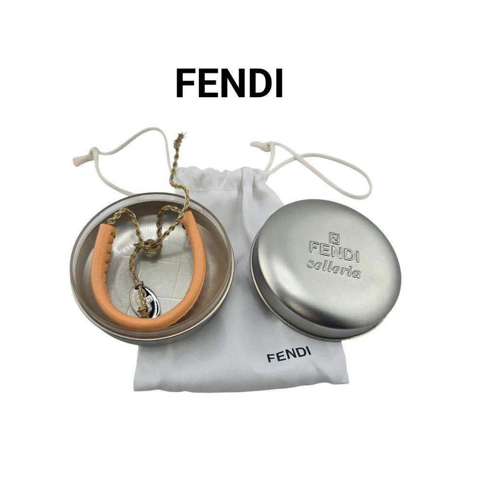 Fendi Selleria Leather Whipstitch Adjustable Bracelet Peach Gold Silver Charm